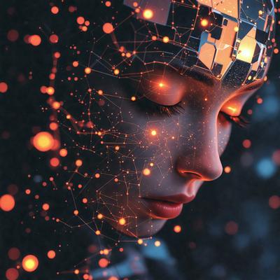 The primary subject of the image is a woman with a futuristic, glowing head. The setting is a dark background, which contrasts with the bright, illuminated head. The visual style is a combination of digital art and illustration, creating a unique and captivating scene. The colors and mood of the image are predominantly dark and mysterious, with the glowing head being the main focal point.